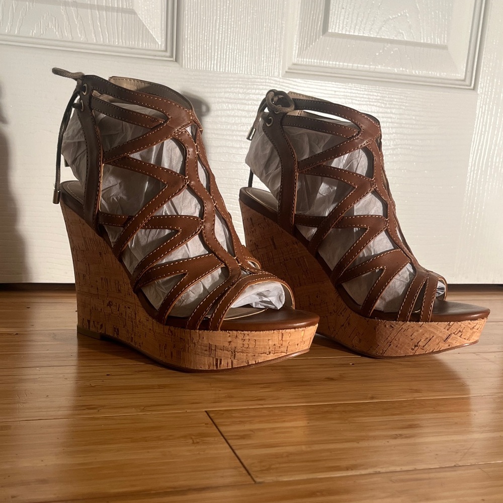 Guess Brown Strappy Wedge Sandals